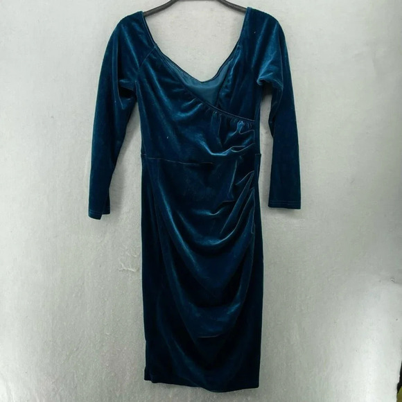 Shein Dress Womens Sz 6 Teal V-Neck Bodycon Stretch Pullover Velvet Faux Wrap - Picture 1 of 12